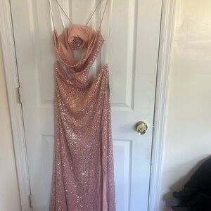 Windsor blush sequin prom dress with long slit up side